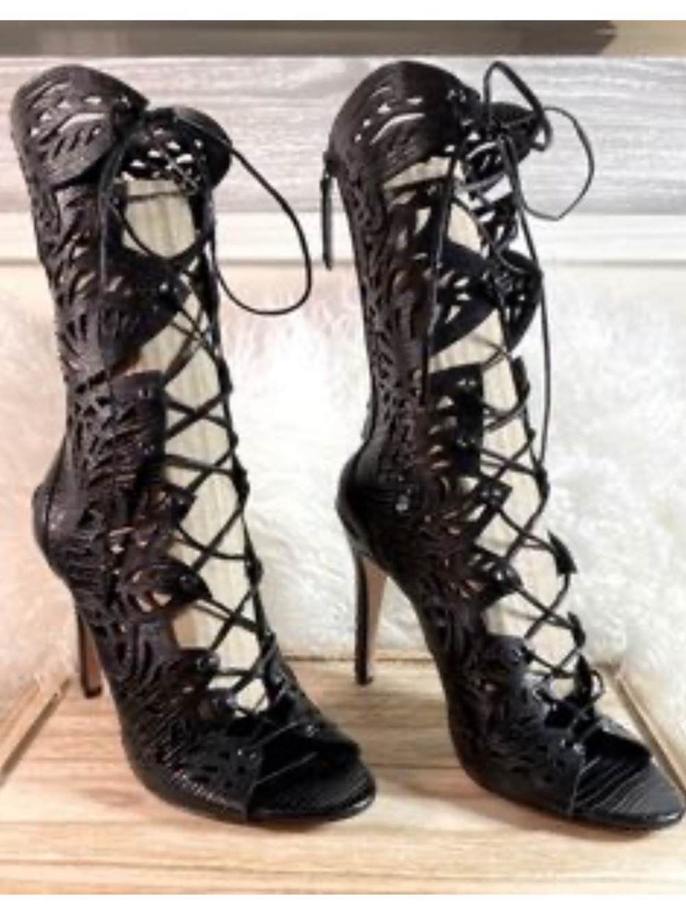 Alice + Olivia Georgia Heels Lace-Up Cutout Peep-Toe Heels - Black